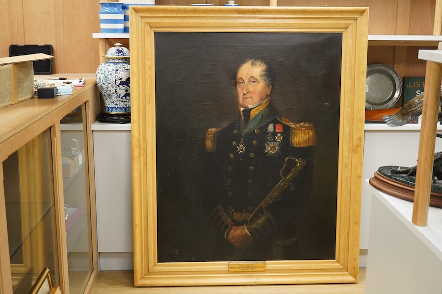 Mid 19th century, British School, oil on canvas, Portrait of Vice Admiral Sir William Augustus Montague (1785-1852), applied plaque to the frame with accompanying paperwork, 125 x 99cm. Condition - fair to good, craquelu